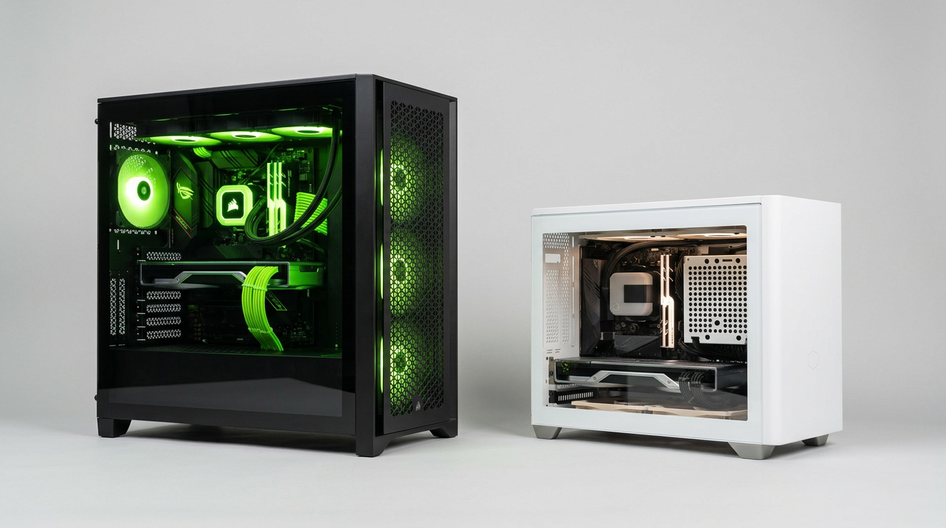 Two finished PC builds side by side on a studio background