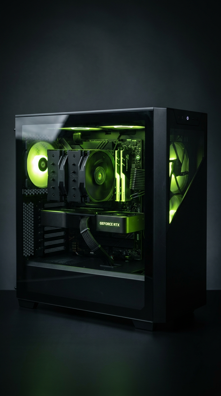 A custom PC tower with lime-green internal lighting, built for the sample below