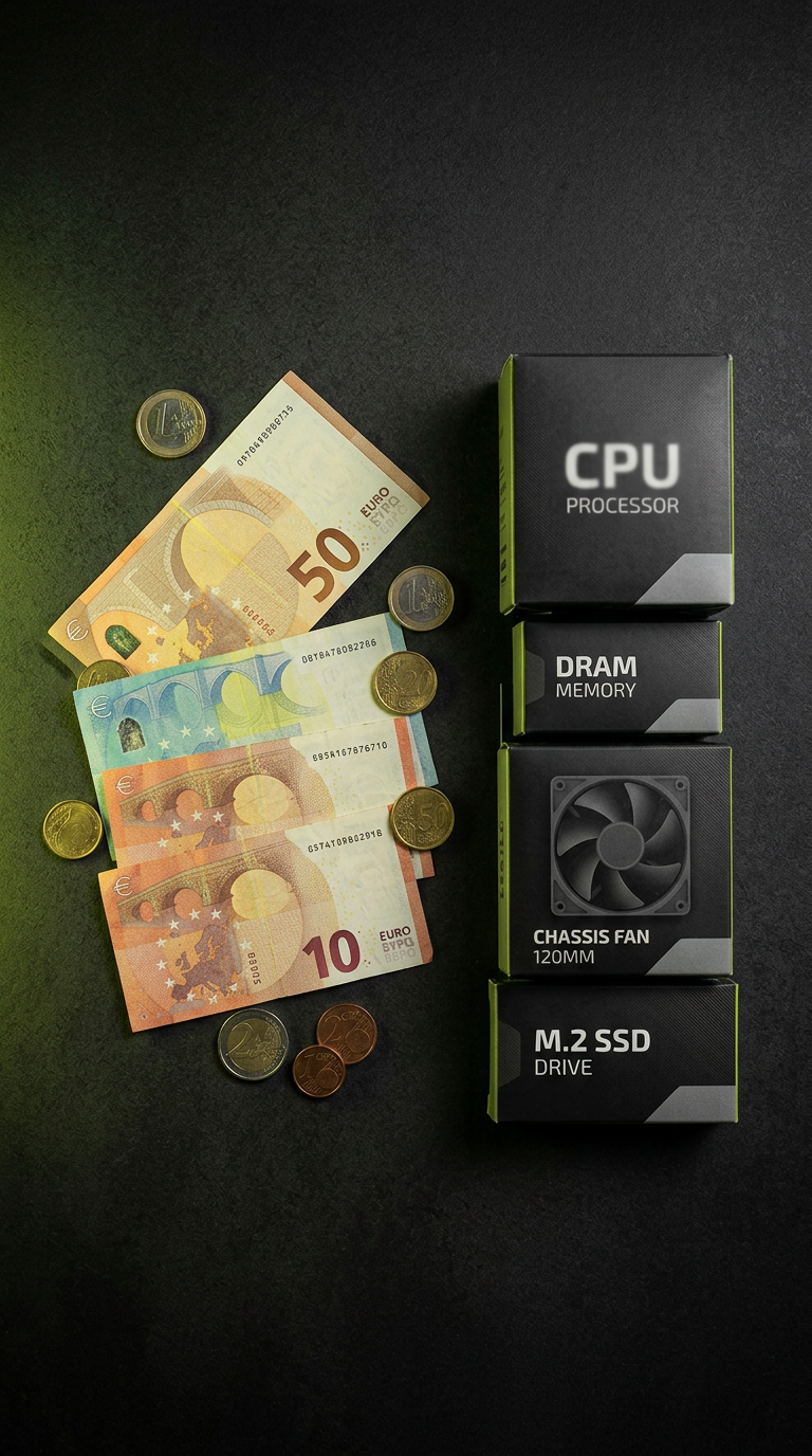 Euro notes and coins next to stacked component boxes