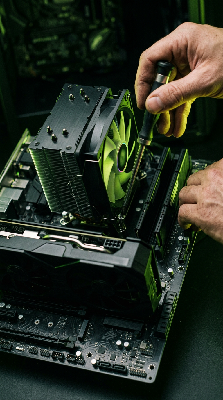 Hands fitting a cooler and memory onto a motherboard